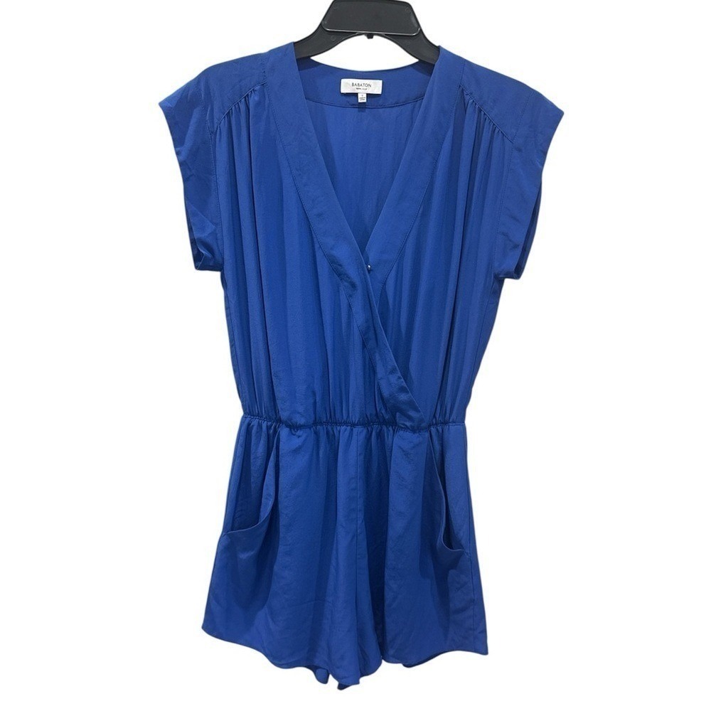 Babaton Romper Womens S Blue Good Silk Wrap V-Neck Elastic Waist Pockets